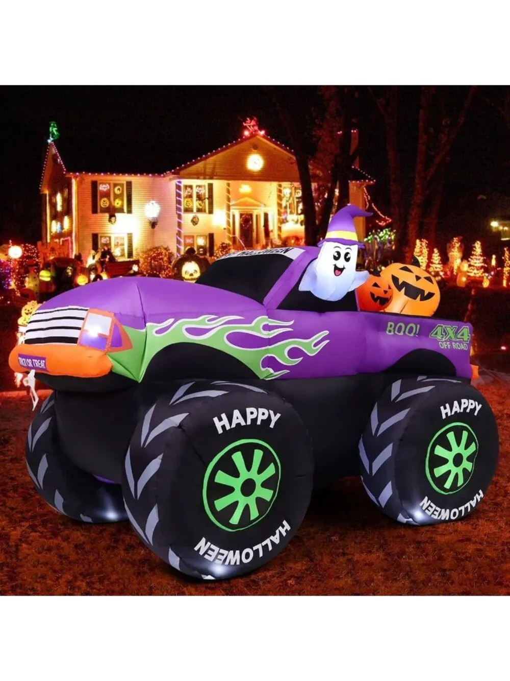8FT Halloween Inflatable Monster Truck with Ghost & Pumpkin - LED Yard Decor